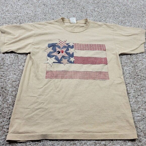 Vintage American Flag T Shirt Mens Large Beige Short Sleeve Button Alore Read* - Picture 1 of 11